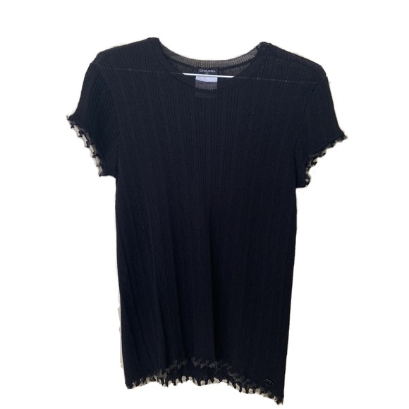 Chanel black cable knit shirt sleeve crew neck top ruffle hem Womens 40 hanging - Picture 1 of 6